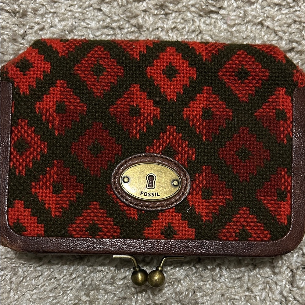 Fossil Red and Green Leather Patterned Coin purse/clutch
